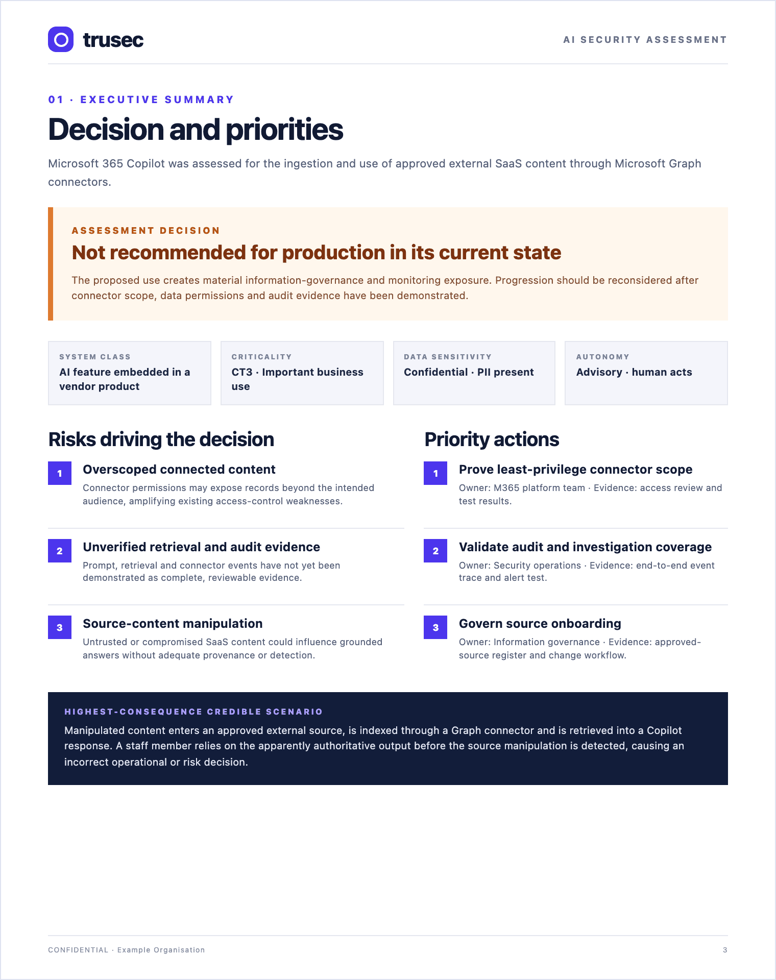 Fictional trusec.ai executive-summary page with an assessment decision, risks and priority actions. The mobile preview shows the risks excerpt; enlarge to read the whole page.